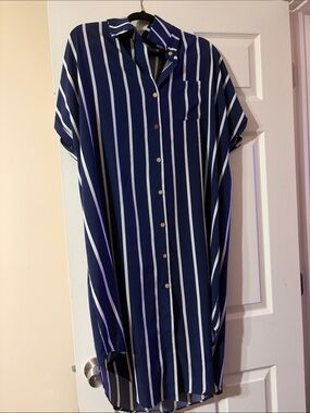 Striped Navy Blue Midi Shirt Dress with Pocket